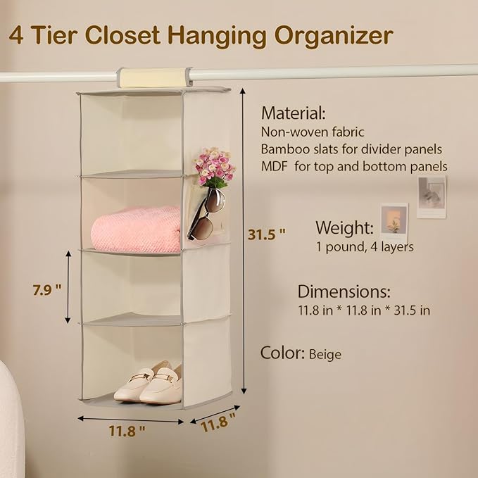 Hanging Closet Organizer 4 Tier Hanging Storage with Side Pocket, Foldable Hanging Shelves for Clothes, Laundry Room & RV Use