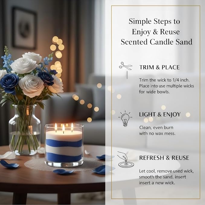 Monivi Scented Candle Sand with Wicks 3.53oz Blue Sand Candles Pearled Candle Sandwax Beads Mothers Day Gift 16 Burn Hours Refillable Candle Wax for Candle Making (Scented Mid Summer Night)
