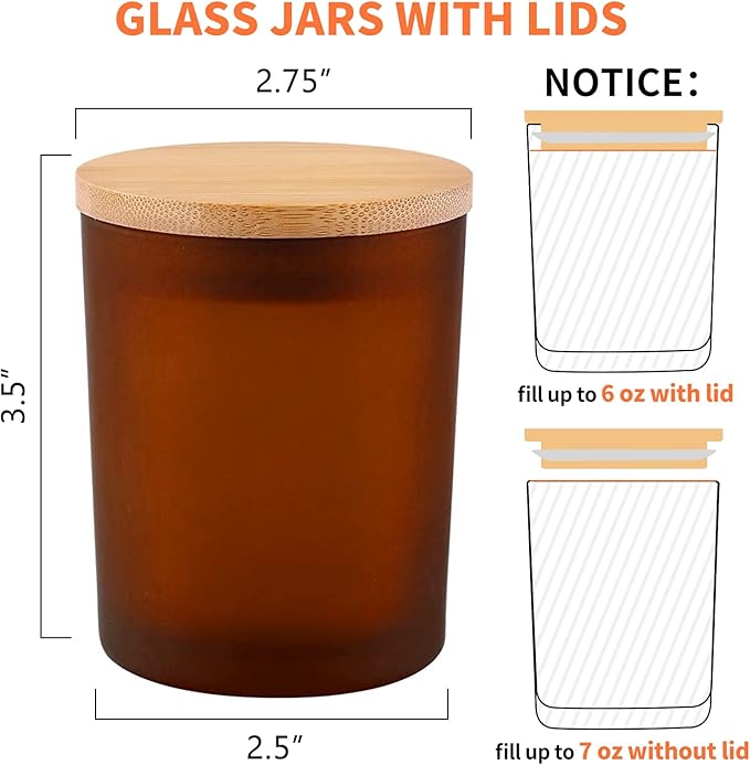 SUPMIND 15 Pack Candle Glass Jars- 7oz Frosted Amber Empty Candle Containers with Bamboo Lids and Sticky Labels, Matte Brown Jars in Bulk for Making Candles- Dishwasher Safe-7 fl.oz