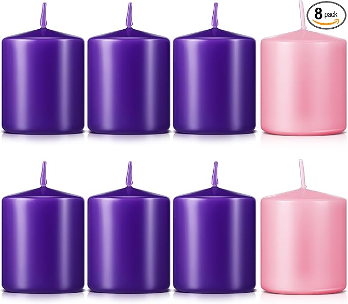 Amylove 8 Pcs 3 x 3 Inch Advent Pillar Candles Set Pink Purple Christmas Unscented Lasting Burning Church Candles for Advent Wreath Holiday Gifting