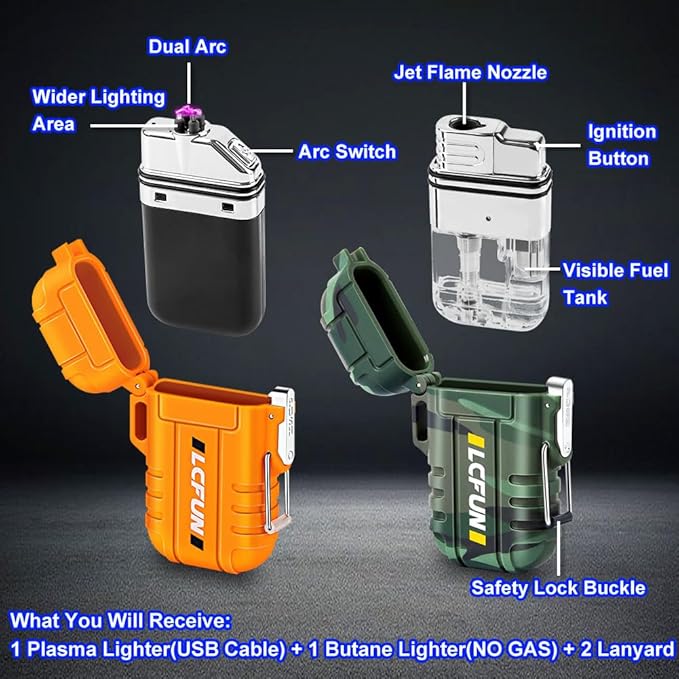 LcFun 2 Pack Waterproof Outdoor Lighter, Windproof Torch Lighters Butane Refillable, Electric Dual Arc Plasma Lighter USB Rechargeable, Tactical Survival Gear Gadgets for Men for Camping, Hiking