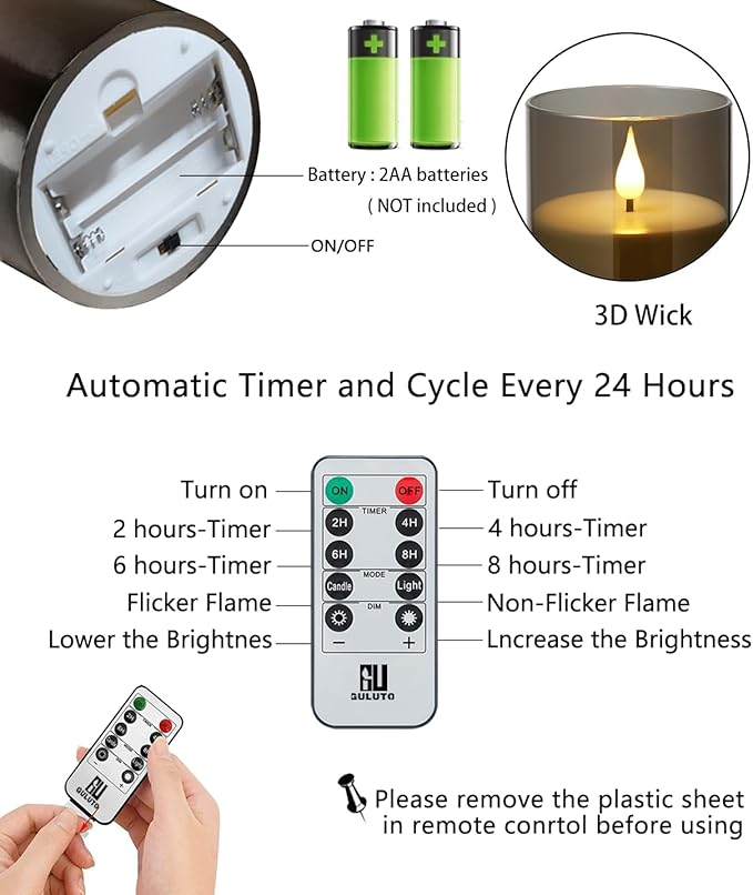 Flameless Flickering Candles, Non-breakable Battery Operated Candles, D 3" x H 6", Set of 2, Led Acrylic Grey Electric Pillars Candle with Remote and Timers for Wedding Party Romantic Decor