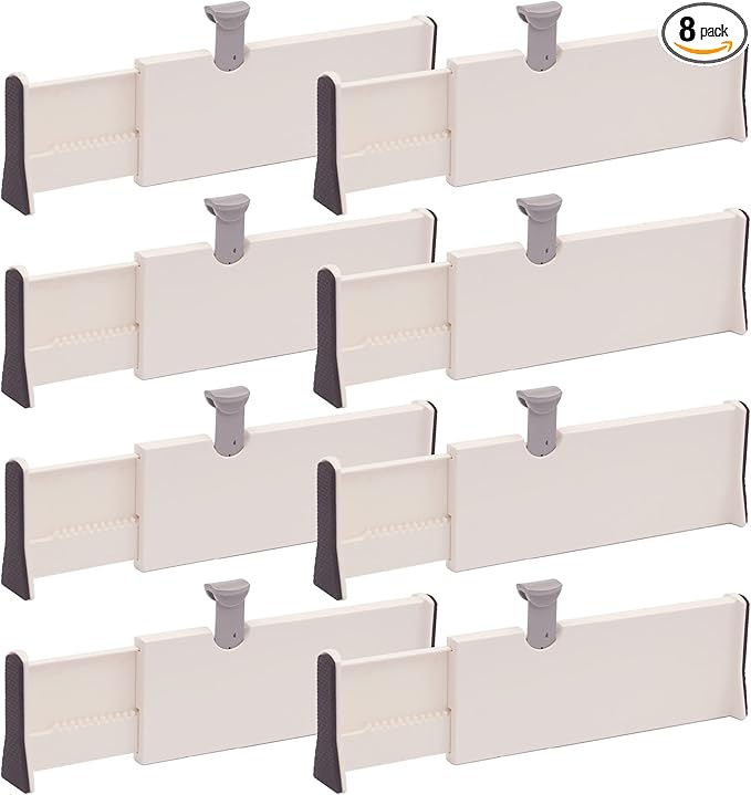 TENABORT Set of 8 Adjustable Drawer Dividers Organizer Separators Plastic Dresser Organizer for Bedroom, Bathroom, Closet, Office Desk, Kitchen Storage
