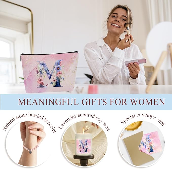 Personalized Gifts Monogrammed Birthday Gifts for Women, Her, Teacher Mother in Law Wedding Christmas Initial Wine Tumbler Makeup Bag Scented Candle Bracelet Set, (Aesthetic Pink Flower M)