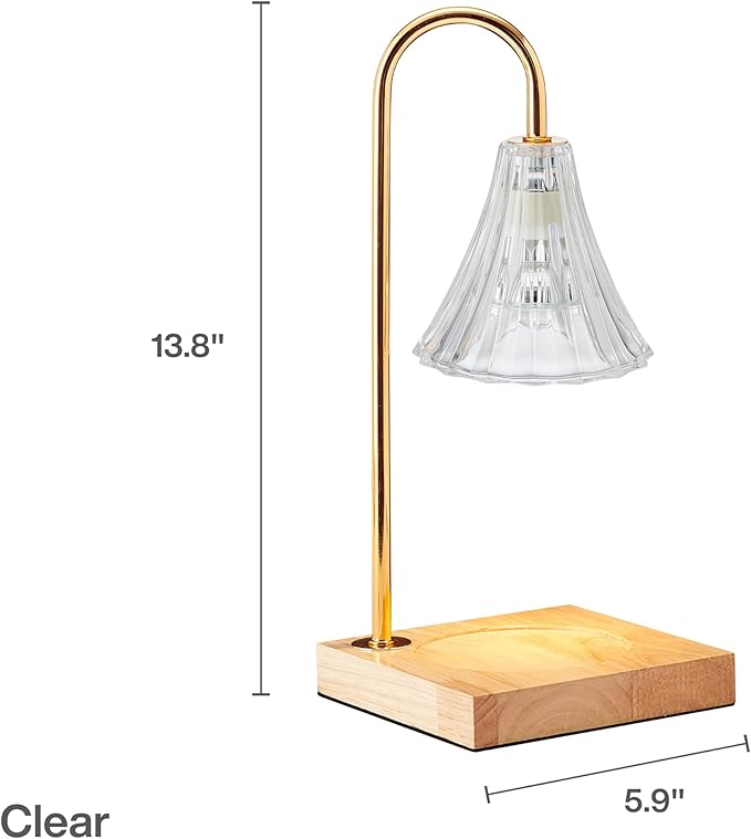 Mikasa 13.8 Inch Electric Candle Warmer with Clear Glass Shade and Dimmer - Flameless Wax Melter Lamp with Halogen Bulb, Wooden Base, Gold Accents for Home Decor and Fragrance