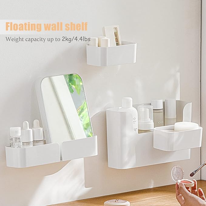 4 Pack Bedside Shelf Wall Mount,Wall Mounted Floating Shelf, Bedside Shelf Organizer Set,Non-Drilling Adhesive Plastic Storage Organizer for Home Decor,Kitchen,Bedroom,Bathroom,Rv (White)