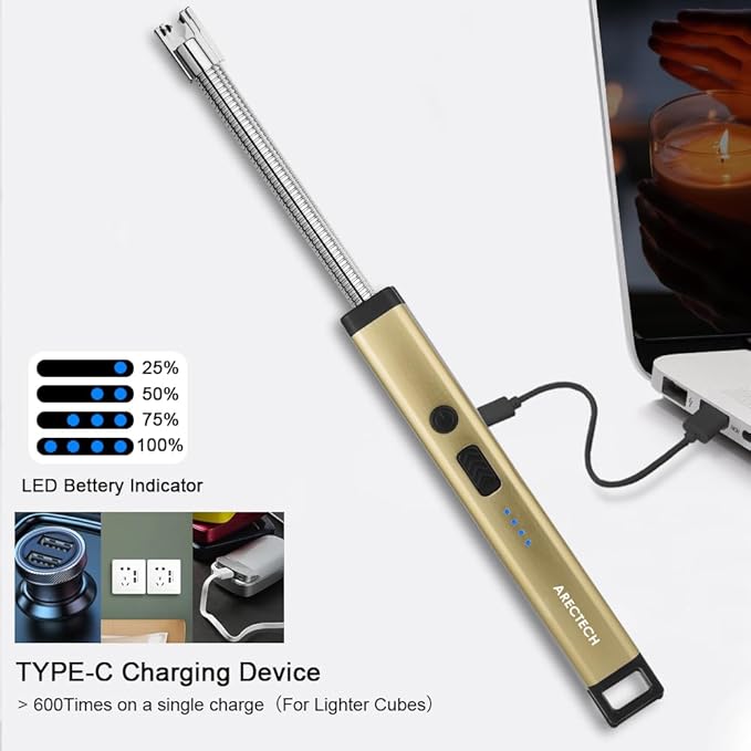 ARECTECH Candle Electric Lighter Rechargeable USB Arc Lighters for Candle Camping Fireworks Christmas Birthday Gifts with LED Light for Men Women Gold