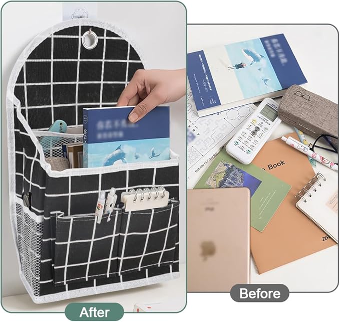 2 Pack Wall Hanging Storage Bag with Pocket, Fabric Organizer Basket with Sticky Hook, Over the Door Caddy Organizer Box for Closet Dormitory Bedroom Bathroom Kitchen (Black Plaid + White Plaid)
