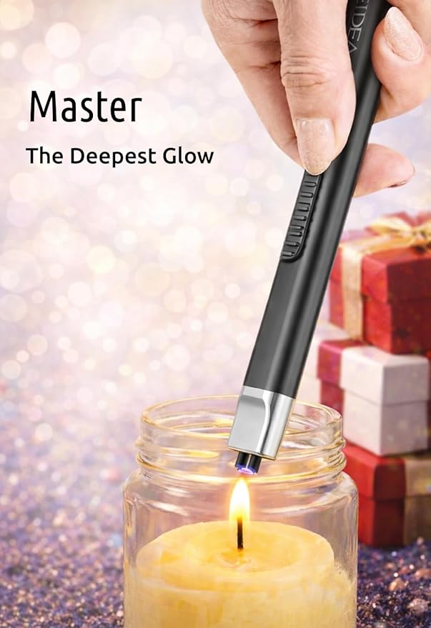 REIDEA Electric Lighter Gift for Candle Lovers, Windproof Flameless USB Rechargeable Arc Retractable Lighter with Safe Button and Power Indicator for Candle, BBQ and Fireworks, R1 Flat, Obsidian Black