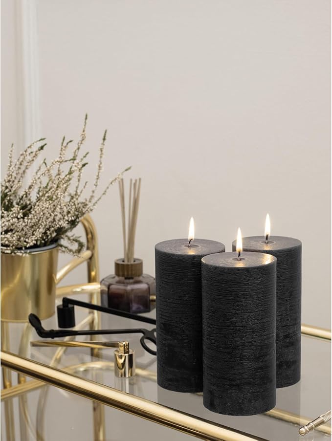CANDWAX 3x4 inch Pillar Candles Set of 3 – Unscented Dripless Rustic Black Candles for Halloween Decor, Parties, Indoor Styling