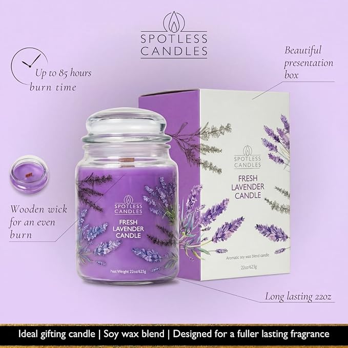 Fresh Lavender Candle 22oz Glass Jar with Wooden Wick in a Decorated Jar Within a Presentation Gift Box and Protective Shipping Box