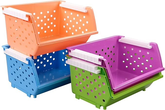 Pekky 4-Pack Large Stackable Storage Bins, Colored Plastic Stacking Basket