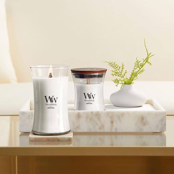 WoodWick Warm Wool Scented Hourglass Candle Large 21.5 oz with Crackling Pluswick Innovation Up to 130 Hours of Smooth Soy-Paraffin Blend Burn Time