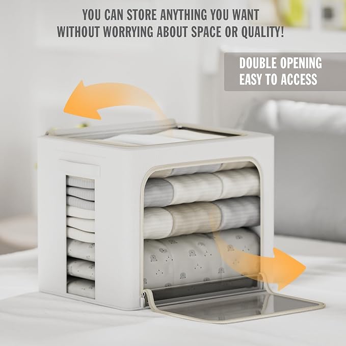 FHSQX 2 Pack Clear Window Storage Bins Large Stackable Linen Fabric Storage for Clothes Foldable Container Organizer Set with Carrying Handles (Lvory White, 15.7x 11.8x 7.8Inch)