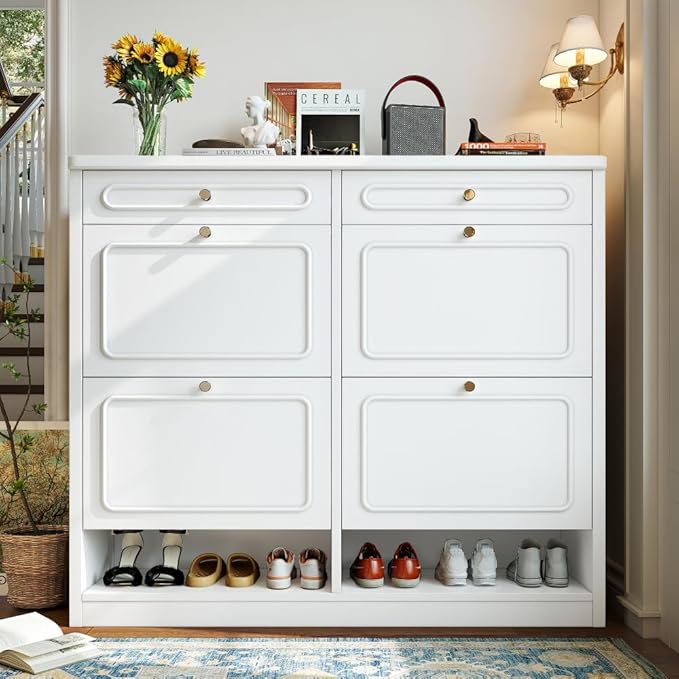 Wooden Shoe Cabinet with 4 Flip Drawers 2 Storage Drawers Farmhouse Style Shoe Organizer for Classified Storage Black (Light White)