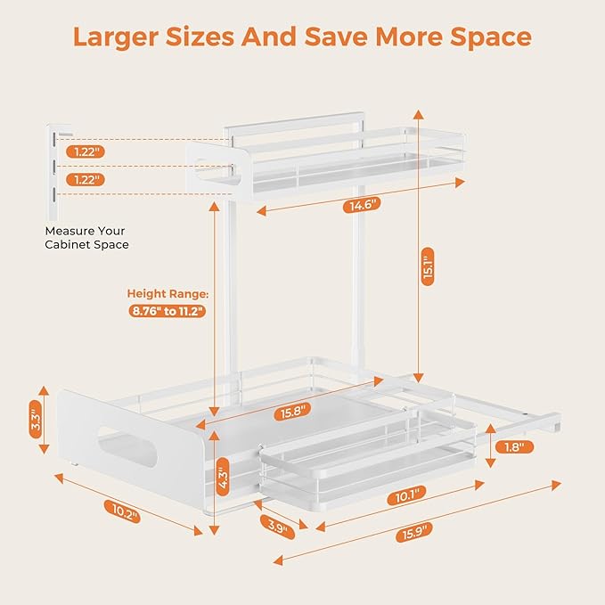 Delamu 2 Pack Metal Bathroom Organizers and Storage, 2 Tier Pull Out Under Sink Organizer with 2 Small Baskets, Adjustable Under Sink Shelf for Multipurpose Cabinet Organizer, White
