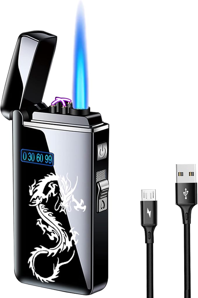 Dragon Arc Lighter - Jet Flame Torch, 2-in-1 USB Rechargeable with Battery Indicator, Windproof, Refillable Butane, Cycle Charge Plasma (Black)