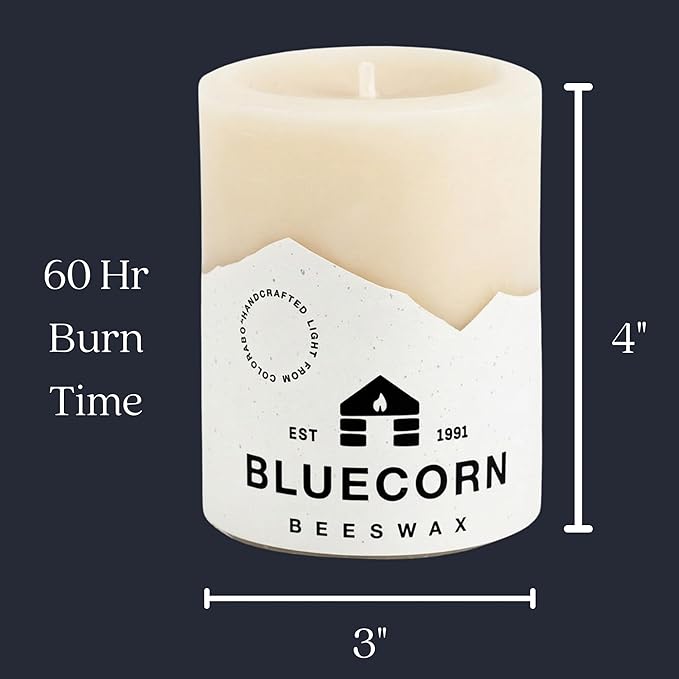 Bluecorn Beeswax 100% Pure Beeswax Pillar Candles | Ivory White 3x4 Pillar Candle Set | Non Toxic, Unscented, Clean Burning | Cotton Wick, Dripless, 60 Hr Long Burning | Handmade in USA | 6 Pack