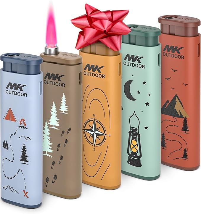 MK Lighter Outdoor Series Alpine Set 5-Pack Assorted Design Multipurpose Refillable, Windproof Flame, Slip Guard Candle & BBQ, Prepping & Camping Supplies, Survival Lighters (Trail Blazer 5PC)