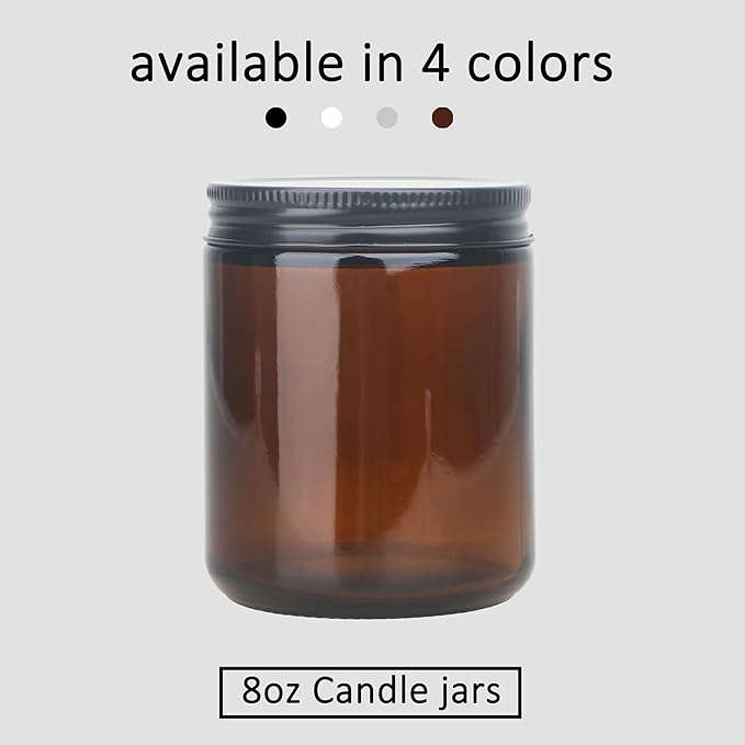 MILIVIXAY 20 Pack 8 OZ Thick Glass Dark Amber Candle Jars with All Black Metal Lids-Bulk Empty Candle Jars for Making Candles-Canning Jar for Spice, Liquid, Sample- Dishwasher Safe.
