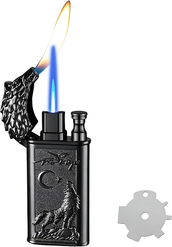 Torch Lighter, Relief Wolf Design Magic Dual Flames Lighter with Adjusting Flame Tool, Creative Windproof Lighters, Cool Jet Flame Refillable Butane Lighters for Outdoor Indoor