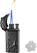Torch Lighter, Relief Wolf Design Magic Dual Flames Lighter with Adjusting Flame Tool, Creative Windproof Lighters, Cool Jet Flame Refillable Butane Lighters for Outdoor Indoor