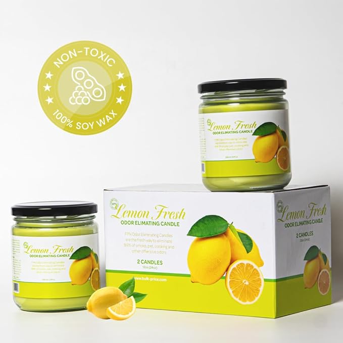 Odor Eliminating Candle Set - Pack of 2 (12oz) | 90-Hour Burn Time | Premium Soy Wax Candles | Neutralizes 99% Pet, Kitchen, & Smoke Odors | Eco-Friendly & Long-Lasting (Lemon Fresh)