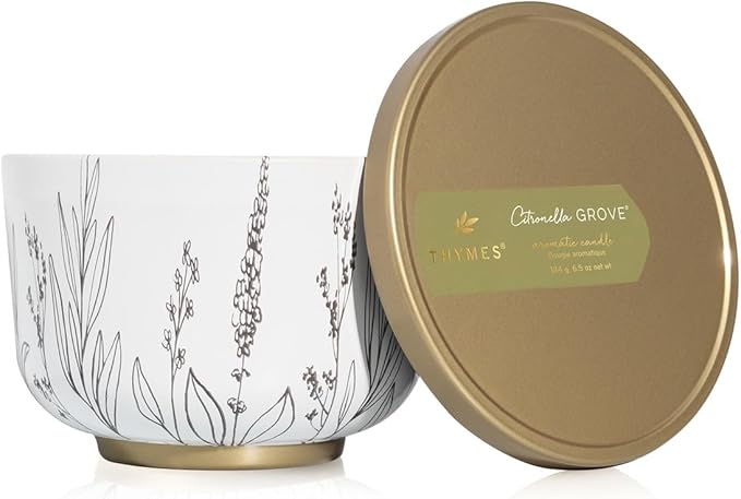 Thymes Scented Candles for Women & Men – Tin with Lid – Luxury Home Decor – Citronella Candles with Notes of Olive Leaf, Lemongrass, & Gardenia – Outdoor Decor (Citronella Grove, 6.5 oz)