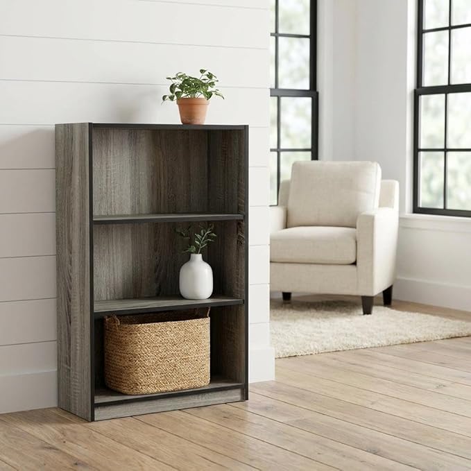 Furnifact French Oak Grey 3-Tier Adjustable Shelf Bookcase with Wooden Shelves, Modern Storage Solution for Home Office or Living Room