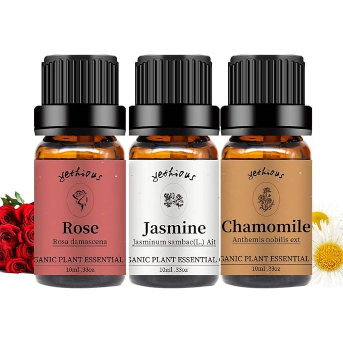 yethious Rose Jasmine Chamomile Essential Oil Set Organic 100% Pure Aromatherapy Oil for Diffuser, Soap, Candle Making 3 X 10ML
