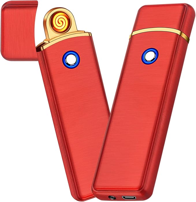 Electronic Lighter, Smart USB Rechargeable Lighter, Cool Electric Lighter Portable Dual Sided Ignition Windproof Flameless Lighter Lightweight Plasma Lighter for Indoor Outdoor(Red)