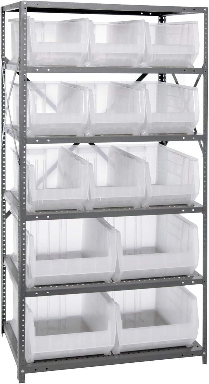 Quantum Storage Systems 2475-953954CL Solid Heavy Duty 6 Shelves 13 HULK Clear Bins 75" H x 36" W x 24" D