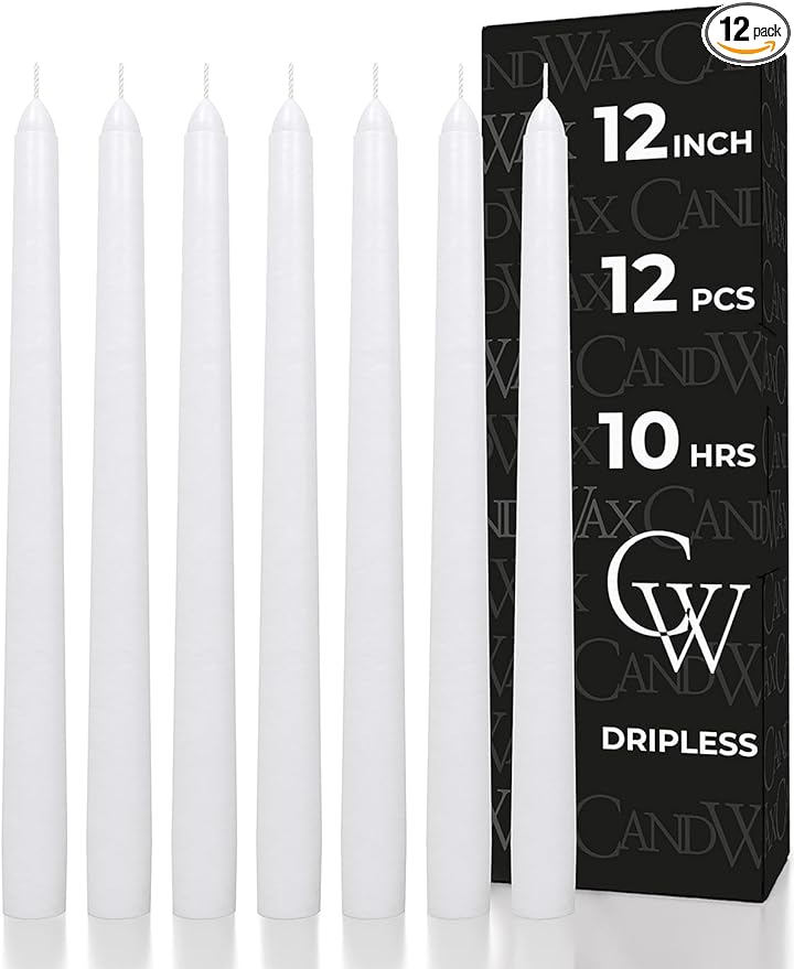 CANDWAX 12 inch White Taper Candles - Set of 12 Candle Sticks Ideal for Christmas Decorations - Dripless Smokeless Long Burning Unscented White Candlesticks - Tapered Christmas Candles for Home Decor