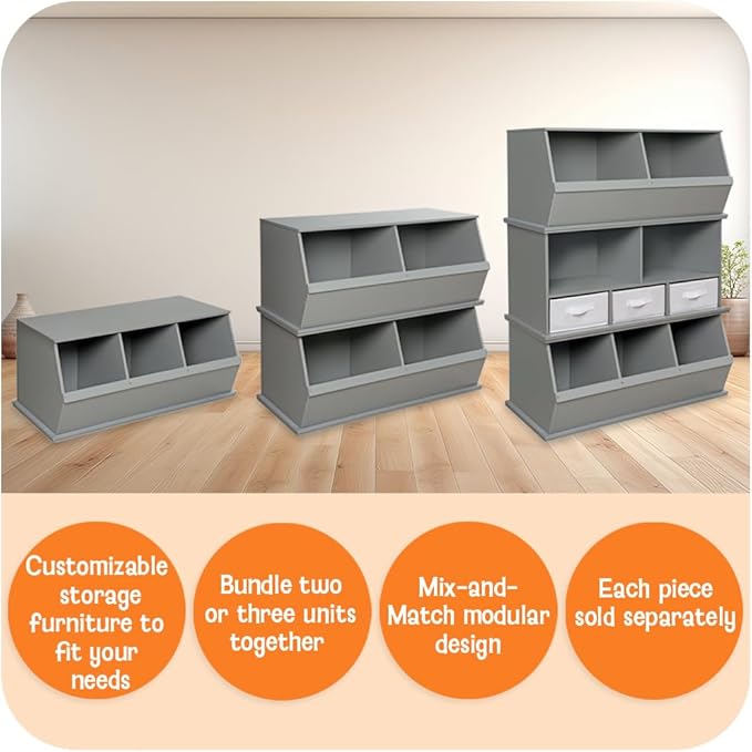 Badger Basket Three Bin Stackable Toy Storage Cubby Organizer - Expandable Modular Storage for Toys & Crafts - White/Gray Woodgrain