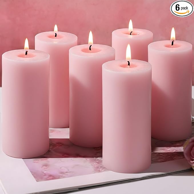 6 Pack Pink Soy Pillar Candles for Mother's Day, Handmade Baby Shower Candles Unscented Pillar Candle, 210 Hours Natural Soybean Candle for Wedding, Home, Party, Smokeless & Dripless-2x4in
