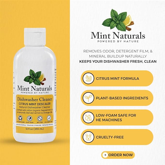 Natural Dishwasher Cleaner & Degreaser Liquid – USDA Organic Peppermint Oil Formula That Helps Remove Limescale, Grease & Odor, 12 oz – Made in USA by Mint Naturals