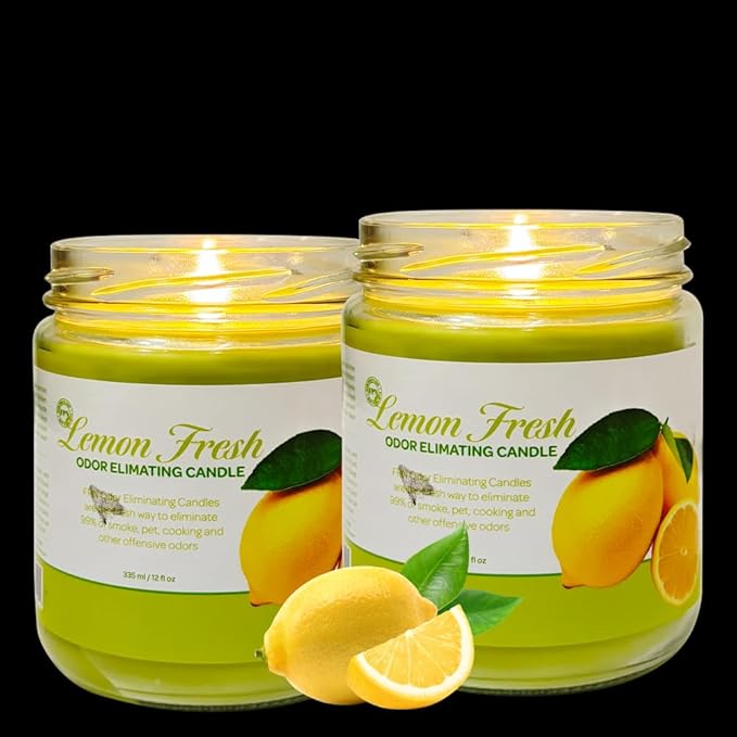 Odor Eliminating Candle Set - Pack of 2 (12oz) | 90-Hour Burn Time | Premium Soy Wax Candles | Neutralizes 99% Pet, Kitchen, & Smoke Odors | Eco-Friendly & Long-Lasting (Lemon Fresh)