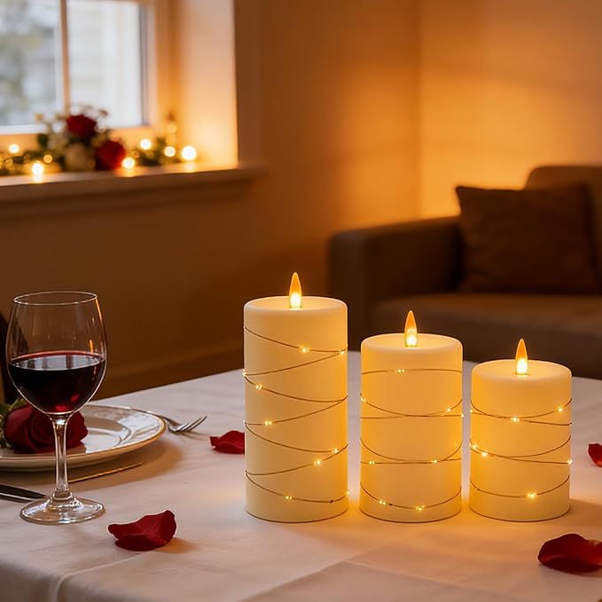 HaitanghuaFlickering flameless Candles, Battery-Powered, with String Lights, Remote Control, Timer, Realistic Plastic Pillar Candles, Ivory White, Set of 3,Durable and Long-Lasting