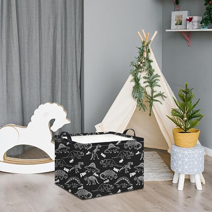 Rectangle Storage Basket with Handles,Collapsible Storage Bin,Books Box,Gift Basket(Black Line Dinosaur)