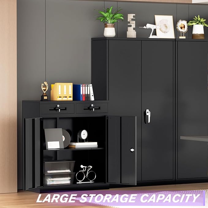 Superday Lockable Storage Cabinet with 2 Drawers, 36" Metal Storage Cabinet with Locking Doors and Adjustable Shelves, Black Metal Locking Cabinets for Home Office Garage School