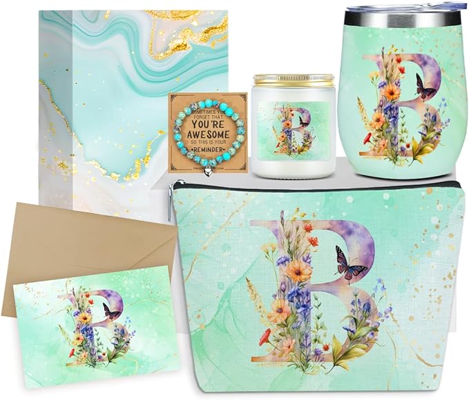 Personalized Gifts Monogrammed Birthday Gifts for Women, Sister Cowerker Mom Boss Day Christmas Appreciation Initial Wine Tumbler Makeup Bag Scented Candle Bracelet Set, (Aesthetic Green Flower B)
