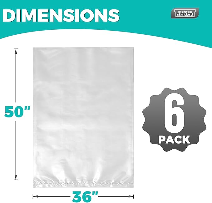 Storage Standard Large Clear Plastic Bags for Storage 6-Pack - Waterproof Extra Large Plastic Bags with Zip Ties, Heavy-Duty Cover for Pillows, Comforters, Chair Cushions & Textiles - 36 x 50 Inches