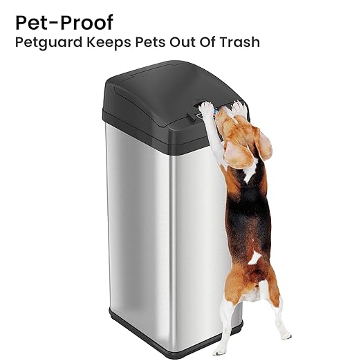 iTouchless 13 Gallon Dog Proof Trash Can with Odor Filter, Motion Sensor Stainless Steel Kitchen Trashcan Garbage Bin for Home Office Bedroom Living Room Garage Work Large Capacity Slim Wastebasket