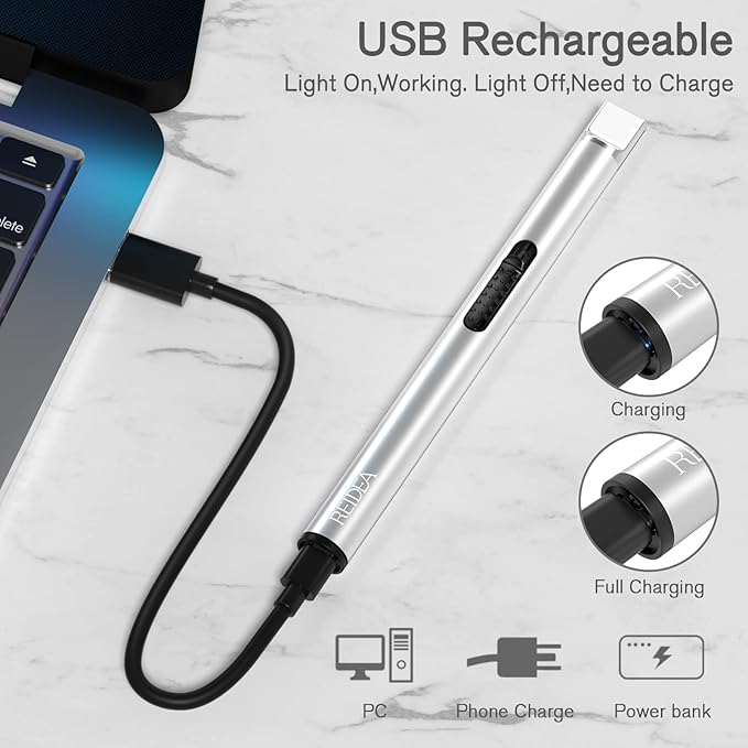 REIDEA Candle Lighter, Electric Arc Lighter with Safe Protector Button, USB Rechargeable Perfect for Camping Cooking BBQ Fireworks (Silver)