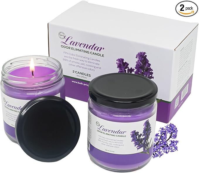 Odor Eliminating Candle Set (Lavender) - Pack of 2 (12oz) | 90 Hour Burn Time | Premium Soy Wax Candles | Eliminates 99% of Pet, Kitchen, & Smoke Odors | Eco-Friendly & Long-Lasting
