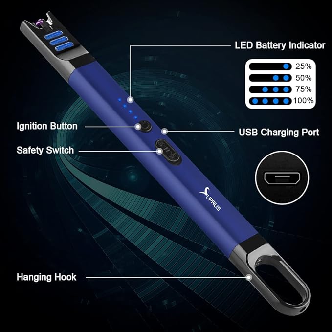SUPRUS Candle Electric Arc Lighter Windproof Flameless USB Rechargeable Lighter with LED Light for Candle Camping BBQ Cooking (Dark Blue&Dark Blue)
