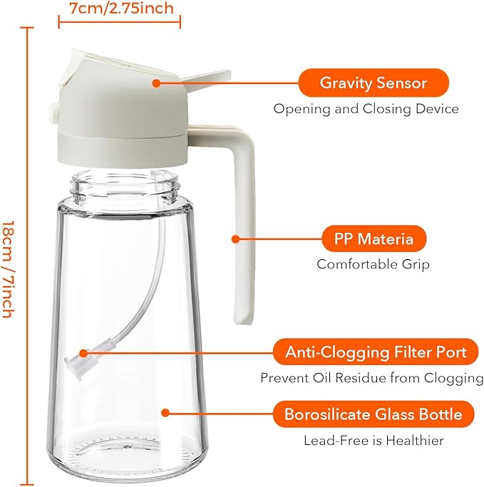 YARRAMATE 16oz/470ml Glass Olive Oil Sprayer for Cooking with Stickers, 2 in 1 Oil Dispenser for Kitchen Gadgets, Food Grade Premium Spray Bottle for Salad, Frying, BBQ (Creamy White)
