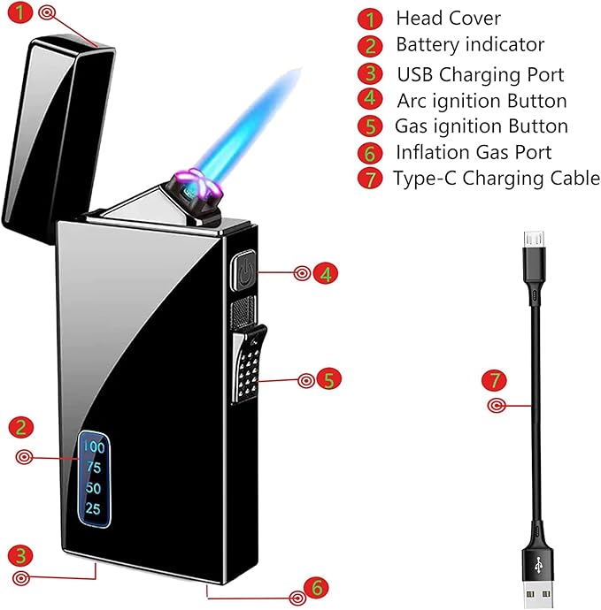Arc 2 in 1 Jet Flame Torch Lighter - Refillable Butane Electric, USB Rechargeable, Windproof Infinity Lighter for BBQs, Candle, Camping (Black)