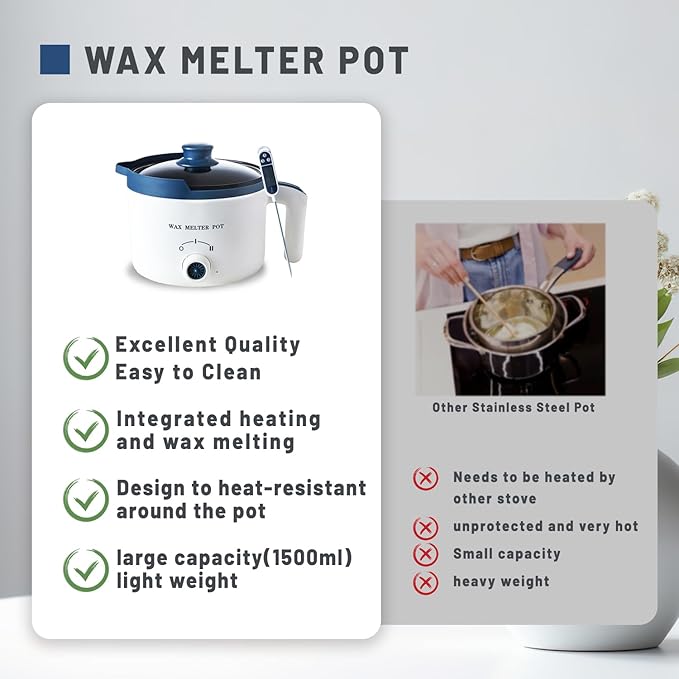 KQU Wax Melting Pot with Thermometer, Electric Wax Melter for Candle Making with Spout, Small Double Boiler Pot Set for Beginner Adults
