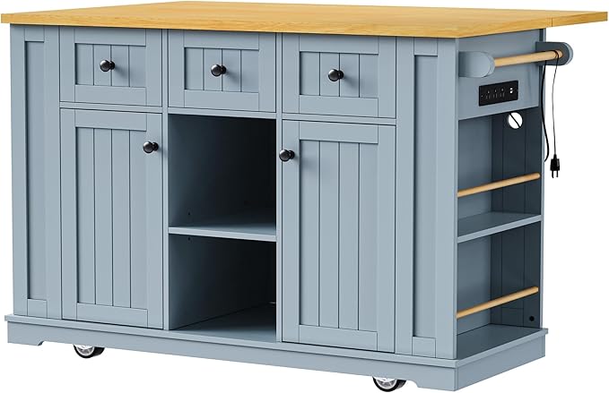Amposei Kitchen Storage Island on Wheels with 2 Bar Stools, Rolling Drop Leaf Kitchen Island Cart with Power Outlet, Open Side Racks, Door Shelves and Towel Bar, 53-Inch, Grey Blule